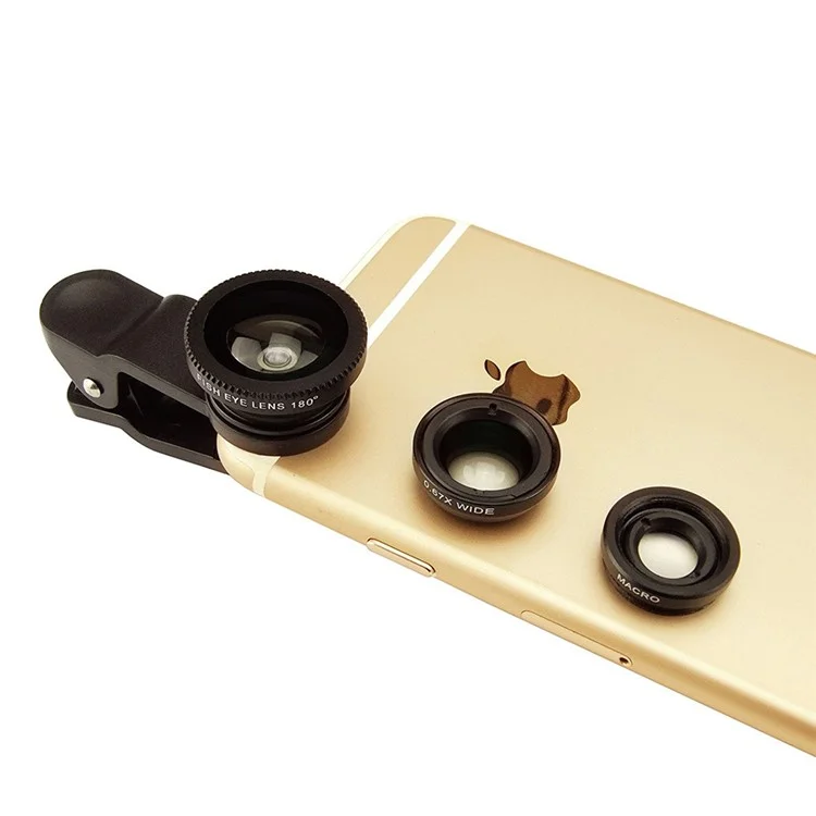 Universal Clip-on 3-in-1 Mobile Phone Camera Lens Kit 180° Fish Eye Lens + 0.67X Wide Angle Lens + Macro Lens - Black