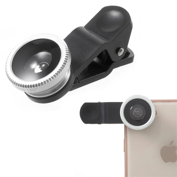 Universal Clip 180° Fish Eye Lens + 0.67X Wide Angle Lens + Macro Lens 3-in-1 Mobile Phone Camera Lens Kit - Silver