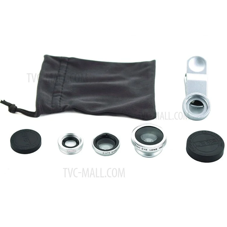 Universal Clip 180° Fish Eye Lens + 0.67X Wide Angle Lens + Macro Lens 3-in-1 Mobile Phone Camera Lens Kit - Silver