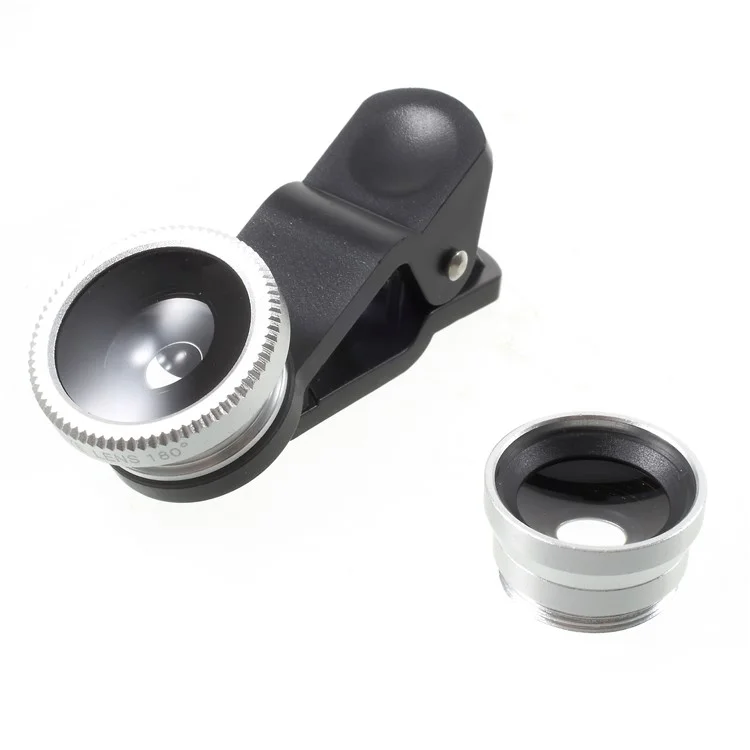 Universal Clip 180° Fish Eye Lens + 0.67X Wide Angle Lens + Macro Lens 3-in-1 Mobile Phone Camera Lens Kit - Silver