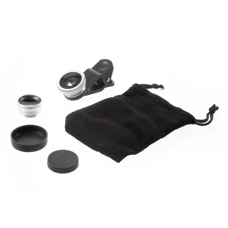 Universal Clip 180° Fish Eye Lens + 0.67X Wide Angle Lens + Macro Lens 3-in-1 Mobile Phone Camera Lens Kit - Silver