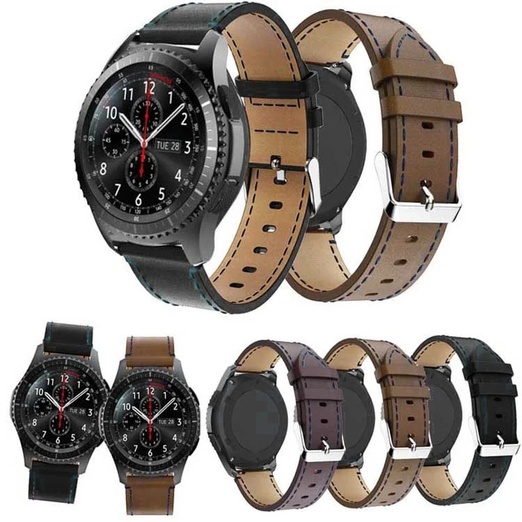 Genuine Leather Watch Band with Blue Stitch for Samsung Gear S3 Classic / Frontier - Black