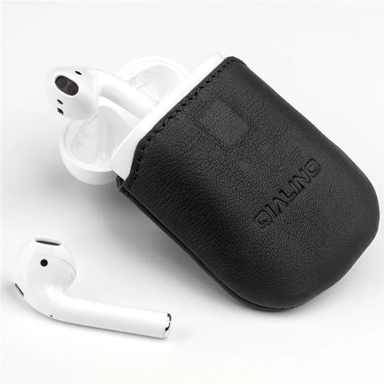 QIALINO Top-Layer Cowhide Leather Protective Cover Pouch for Apple Airpods Charging Case - Black