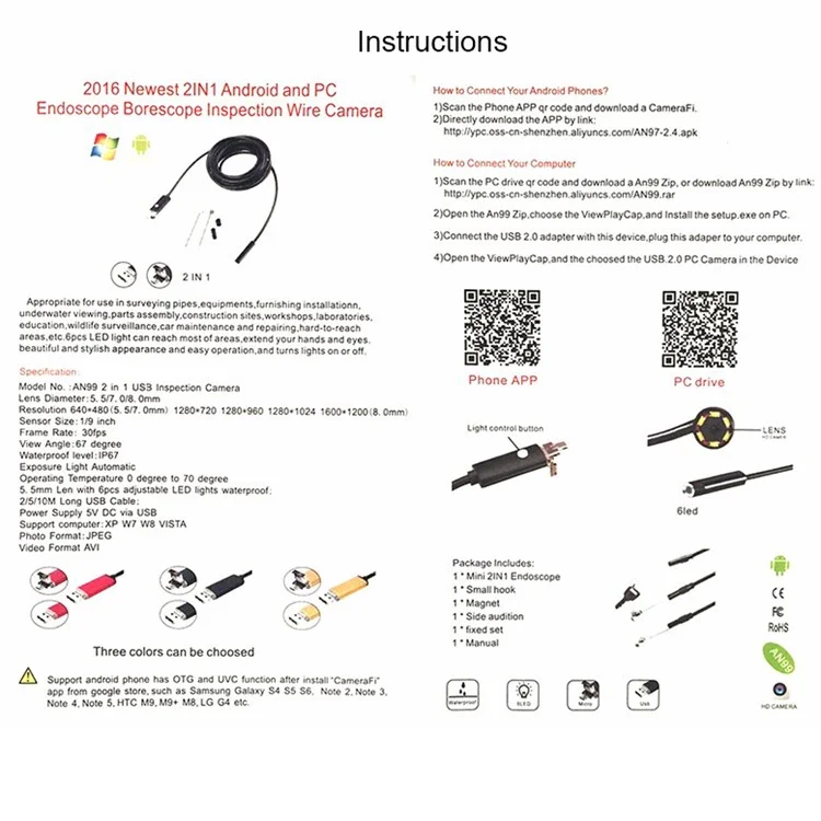 AN99 Watterfroud 10M da 5,5 mm a 6 Led Per pc Android USB Endoscopy Inspection Camera - Nero