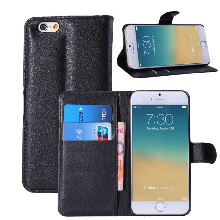 Litchi Texture Folio PU Leather Wallet Stand Shell for iPhone 6s / 6 4.7 inch - Black