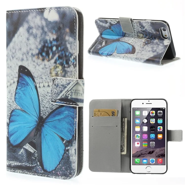 Blue Butterfly Pattern Wallet Leather Shell for iPhone 6s Plus / 6 Plus w/ Stand