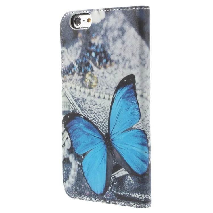 Blue Butterfly Pattern Wallet Leather Shell for iPhone 6s Plus / 6 Plus w/ Stand