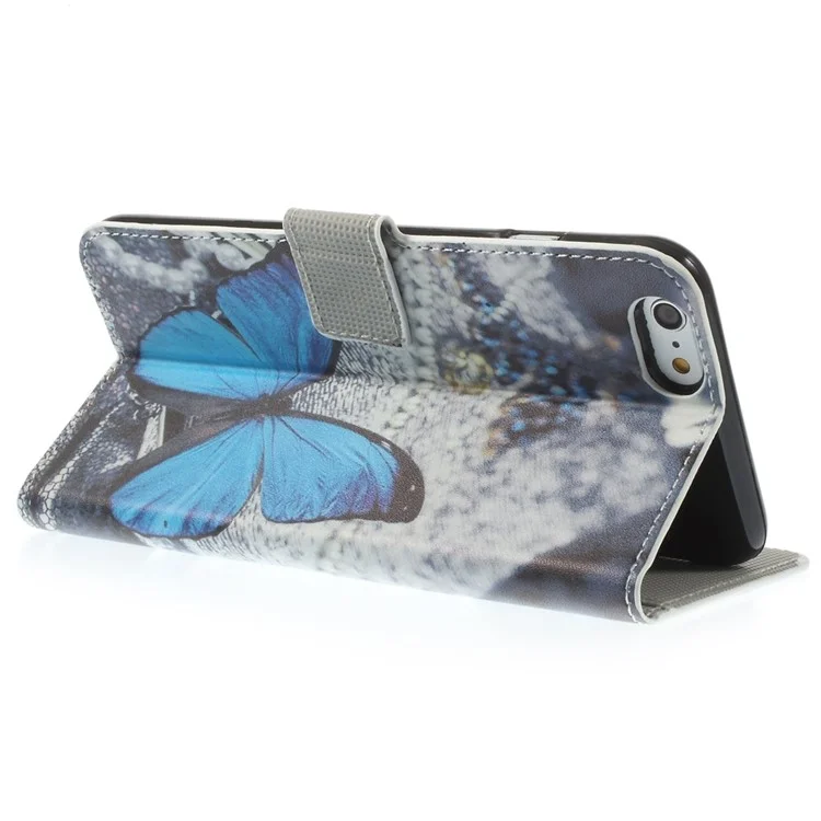 Blue Butterfly Pattern Wallet Leather Shell for iPhone 6s Plus / 6 Plus w/ Stand