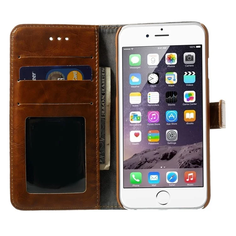 2-in-1 Oil Wax Leather Flip Cover + Detachable PC Shell for iPhone 6s 6 4.7-inch - Brown