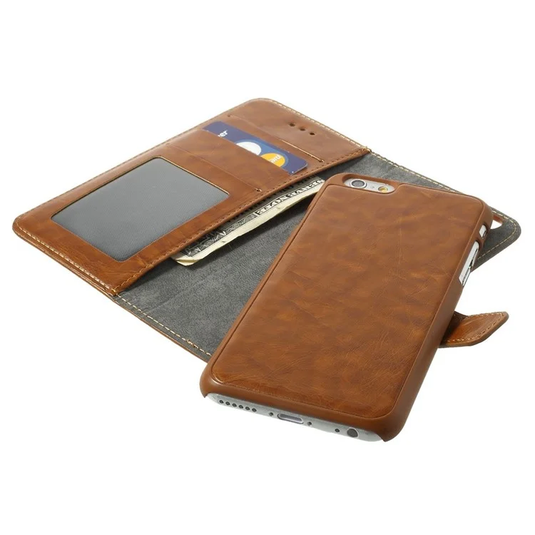 2-in-1 Oil Wax Leather Flip Cover + Detachable PC Shell for iPhone 6s 6 4.7-inch - Brown