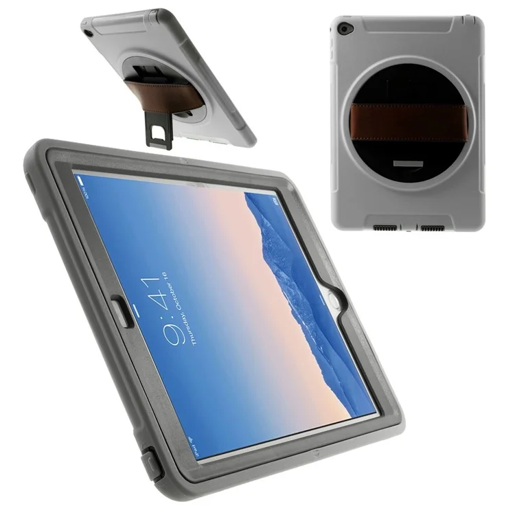 Grey Heavy Duty TPU & Snap-on PC Case for iPad Air 2 w/ Rotary Kickstand & Handstrap