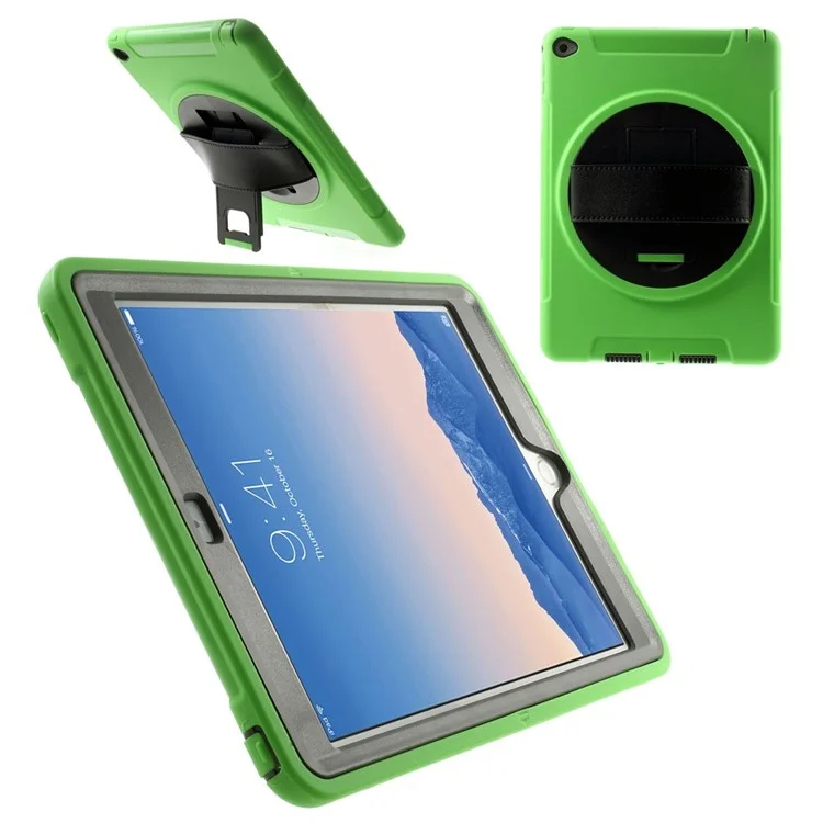 Green Heavy Duty TPU & Snap-on PC Cover for iPad Air 2 w/ Rotary Kickstand & Handstrap