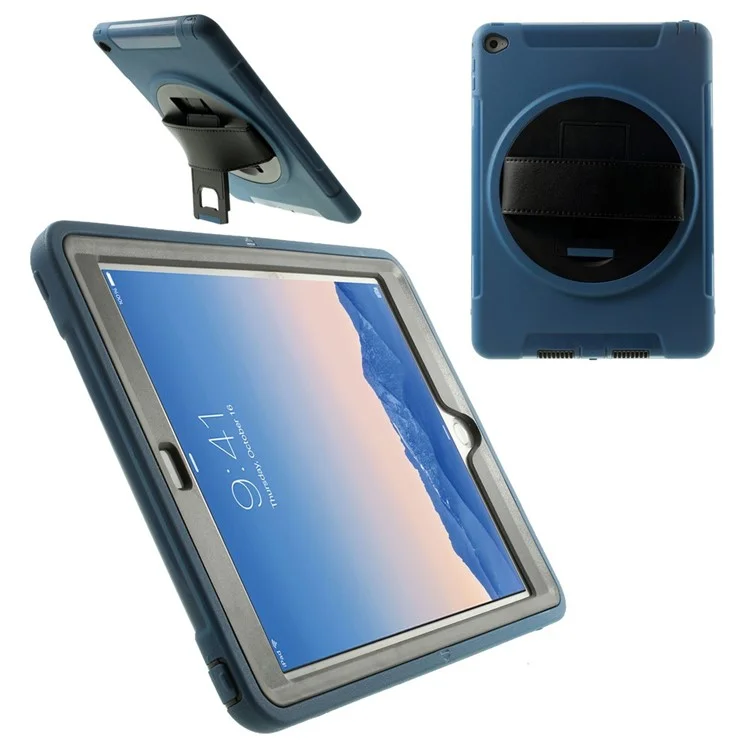 Blue Heavy Duty TPU & Snap-on PC Cover for iPad Air 2 w/ Rotary Kickstand & Handstrap