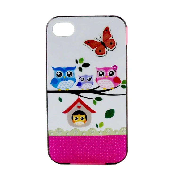 For iPhone 4 4S PC Bumper and TPU Combo Case - Owl Family and Butterfly