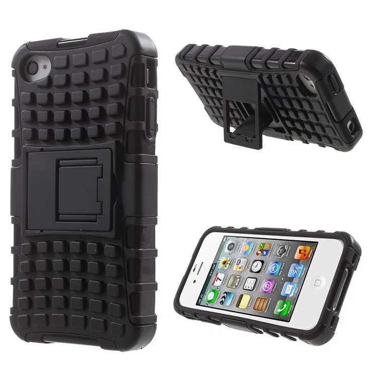 Anti-slip Grid Pattern PC + TPU Hybrid Case for iPhone 4s 4 with Kickstand - Black