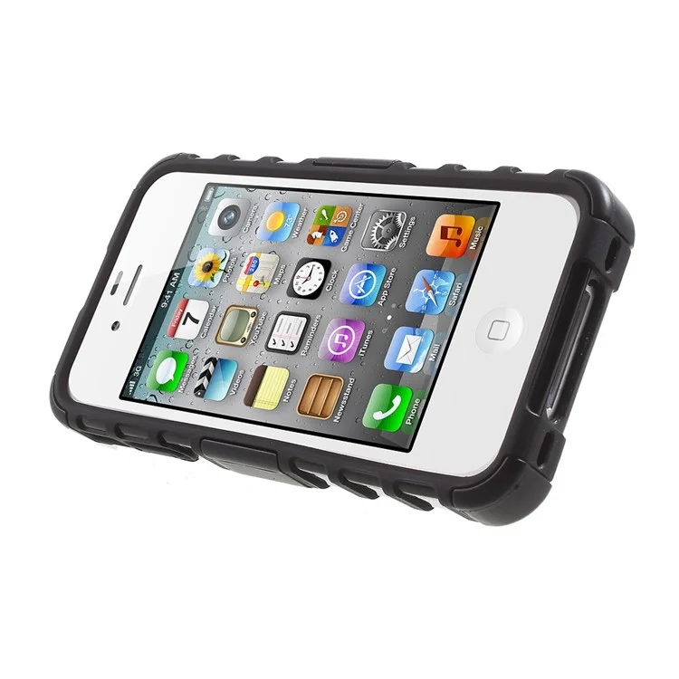 Anti-slip Grid Pattern PC + TPU Hybrid Case for iPhone 4s 4 with Kickstand - Black