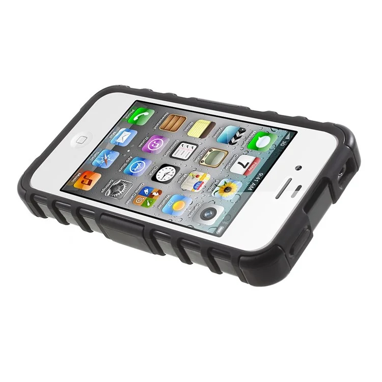 Anti-slip Grid Pattern PC + TPU Hybrid Case for iPhone 4s 4 with Kickstand - Black
