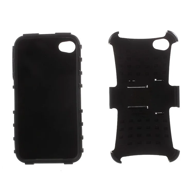 Anti-slip Grid Pattern PC + TPU Hybrid Case for iPhone 4s 4 with Kickstand - Black