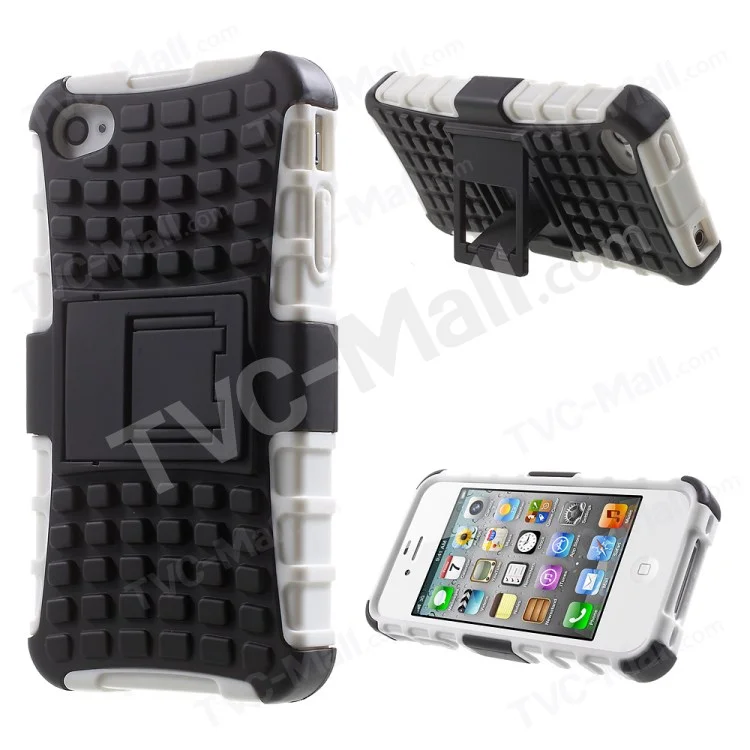 Anti-slip Grid Pattern PC + TPU Hybrid Cover for iPhone 4s 4 with Kickstand - White