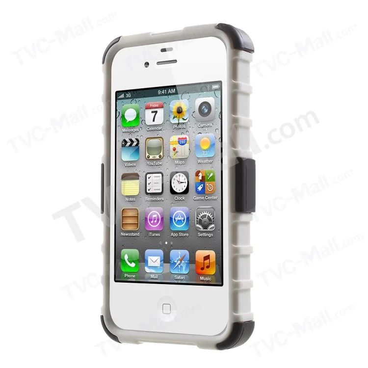 Anti-slip Grid Pattern PC + TPU Hybrid Cover for iPhone 4s 4 with Kickstand - White