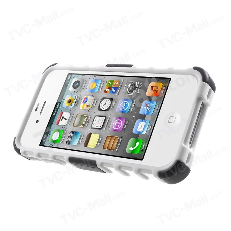 Anti-slip Grid Pattern PC + TPU Hybrid Cover for iPhone 4s 4 with Kickstand - White