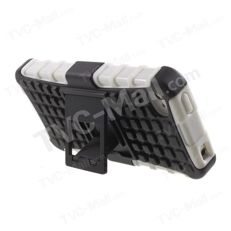 Anti-slip Grid Pattern PC + TPU Hybrid Cover for iPhone 4s 4 with Kickstand - White