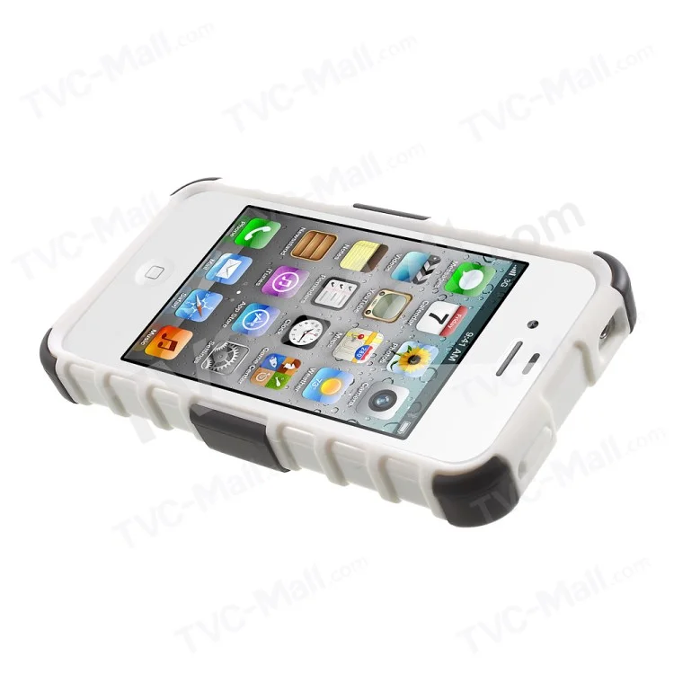 Anti-slip Grid Pattern PC + TPU Hybrid Cover for iPhone 4s 4 with Kickstand - White