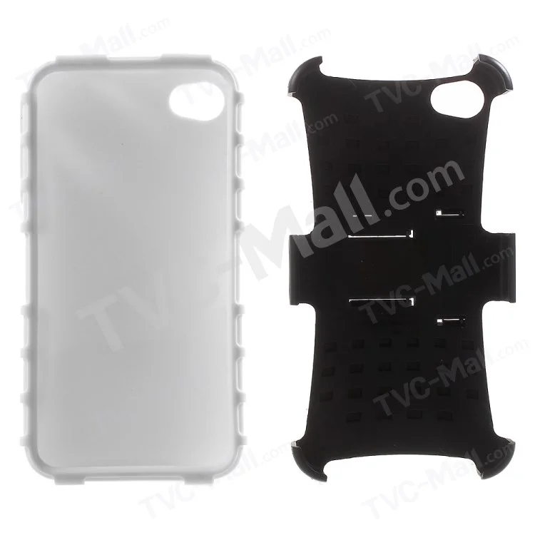 Anti-slip Grid Pattern PC + TPU Hybrid Cover for iPhone 4s 4 with Kickstand - White