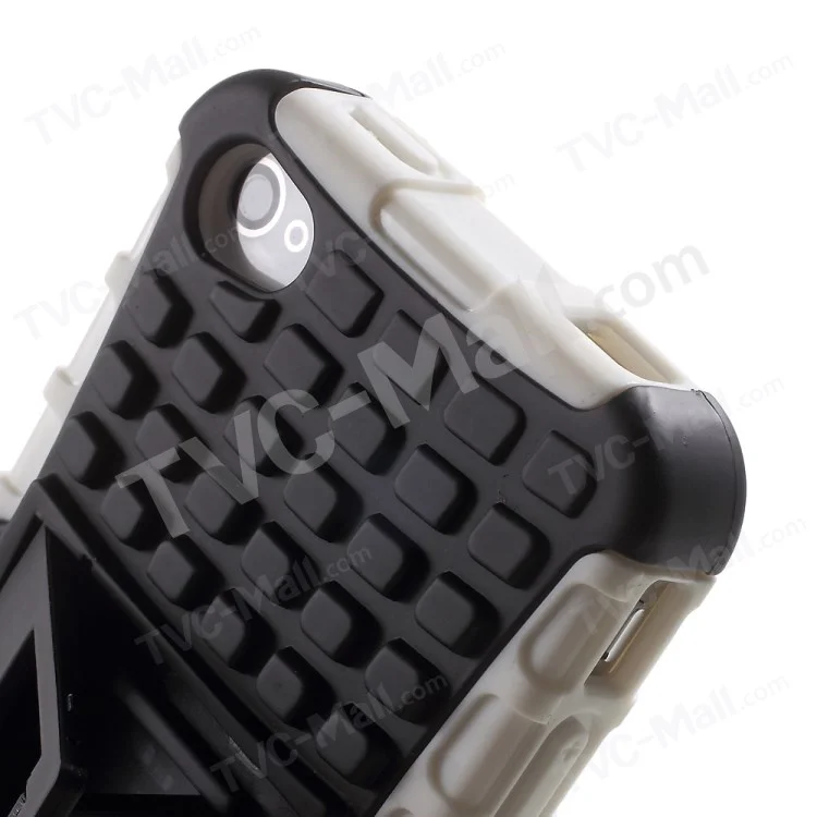 Anti-slip Grid Pattern PC + TPU Hybrid Cover for iPhone 4s 4 with Kickstand - White