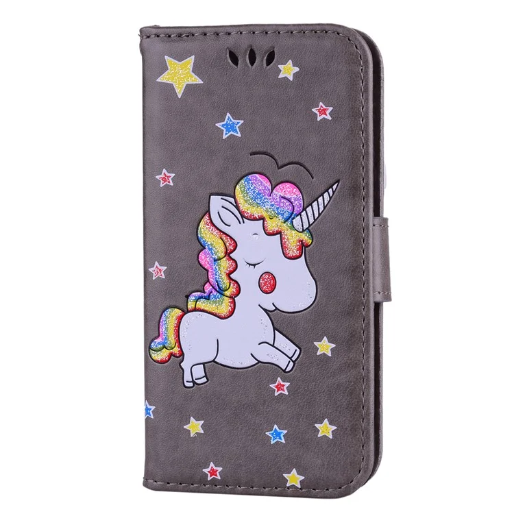 Flash Powder Unicorn Imprint Flower Leather Wallet Stand Cellphone Case for iPhone 8 / 7 4.7 inch - Grey