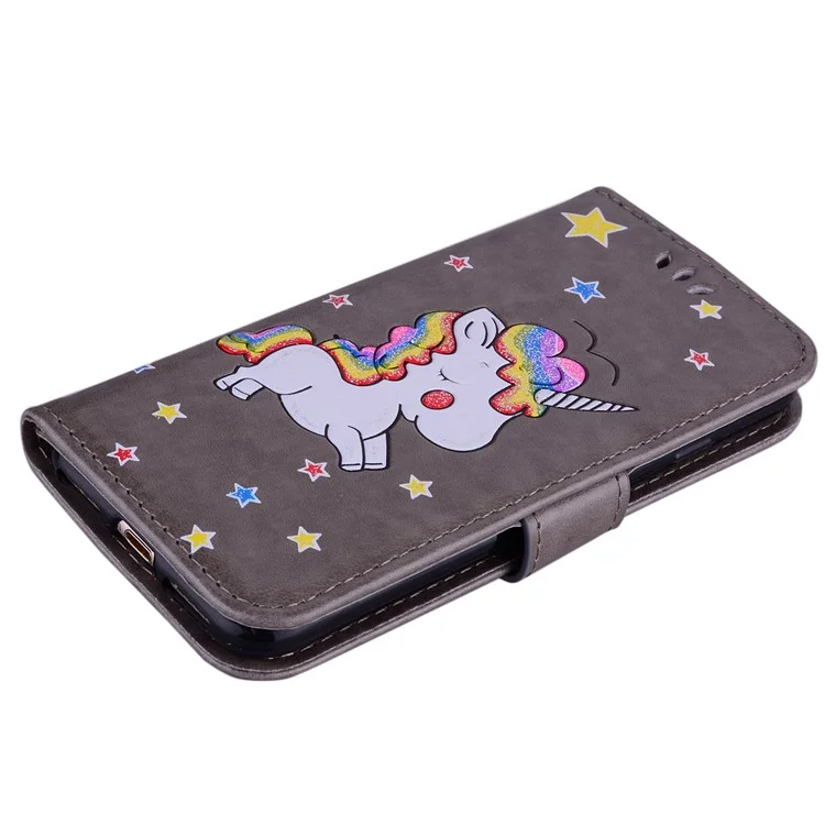 Flash Powder Unicorn Imprint Flower Leather Wallet Stand Cellphone Case for iPhone 8 / 7 4.7 inch - Grey