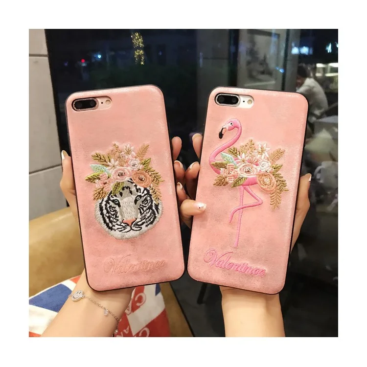 For iPhone 8 / 7 4.7 inch Valentine Embroidery Case Leather Coated TPU Cover - Flowered Flamingo