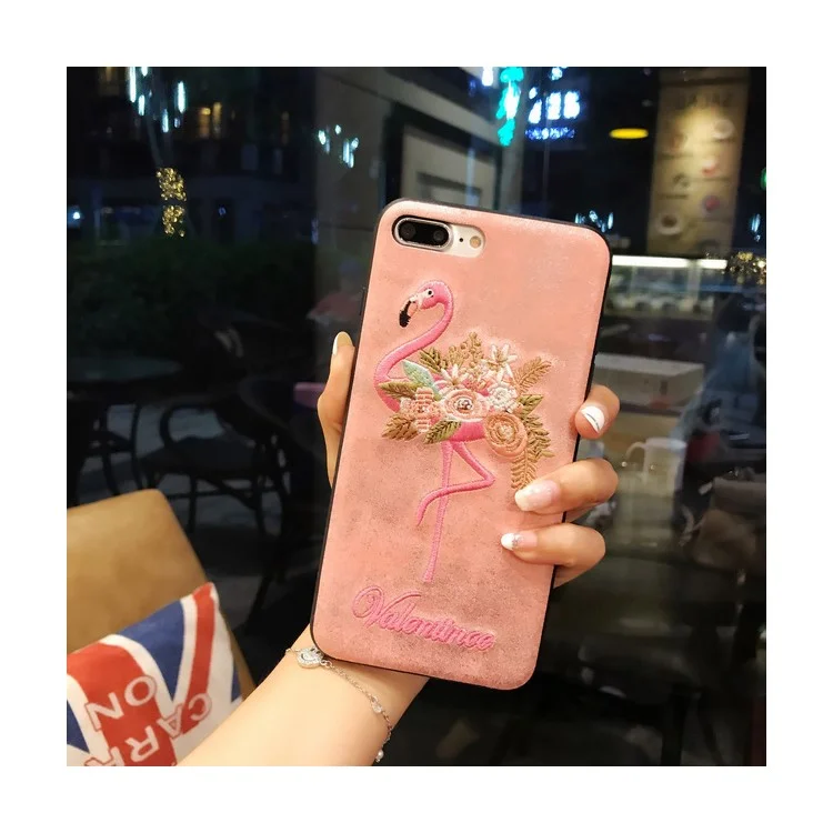 For iPhone 8 / 7 4.7 inch Valentine Embroidery Case Leather Coated TPU Cover - Flowered Flamingo