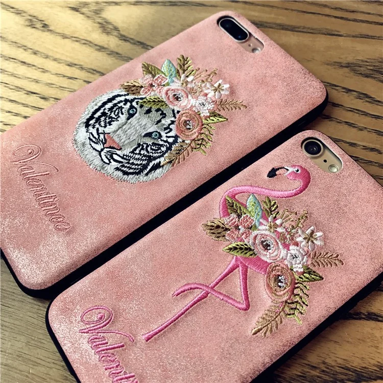 For iPhone 8 / 7 4.7 inch Valentine Embroidery Case Leather Coated TPU Cover - Flowered Flamingo