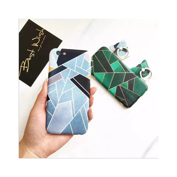 Geometric Pattern Soft TPU Shell Case with Ring Grip Stand for iPhone 6s 6 - Blue