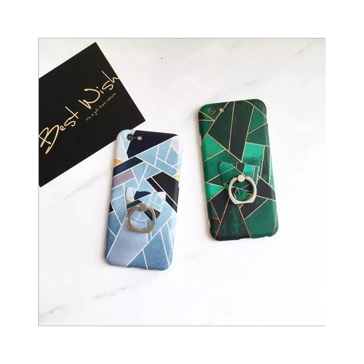 Geometric Pattern Soft TPU Shell Case with Ring Grip Stand for iPhone 6s 6 - Blue