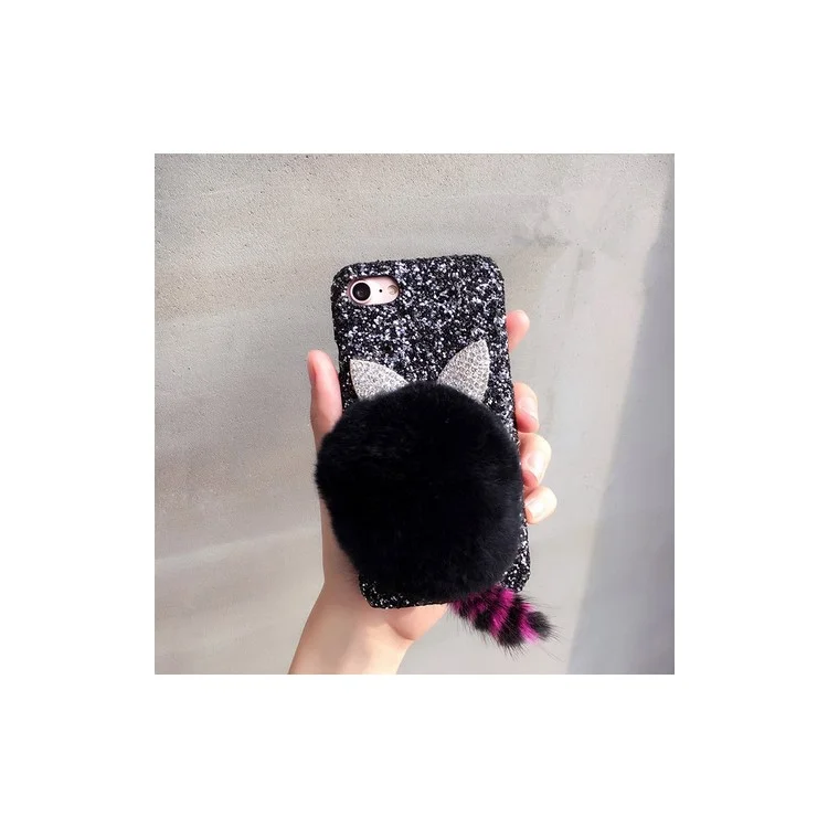 Plush Ball Cat Ears Glitter Sequins Leather Skin PC Hard Case for iPhone 8 / 7 4.7 inch - Black