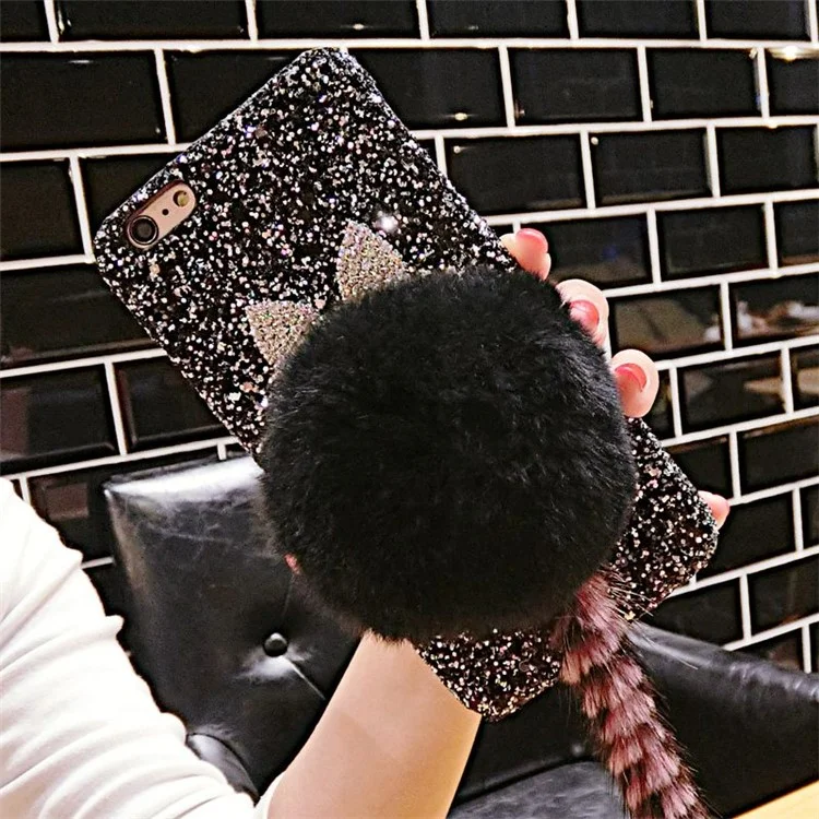 Plush Ball Cat Ears Glitter Sequins Leather Skin PC Hard Case for iPhone 8 / 7 4.7 inch - Black