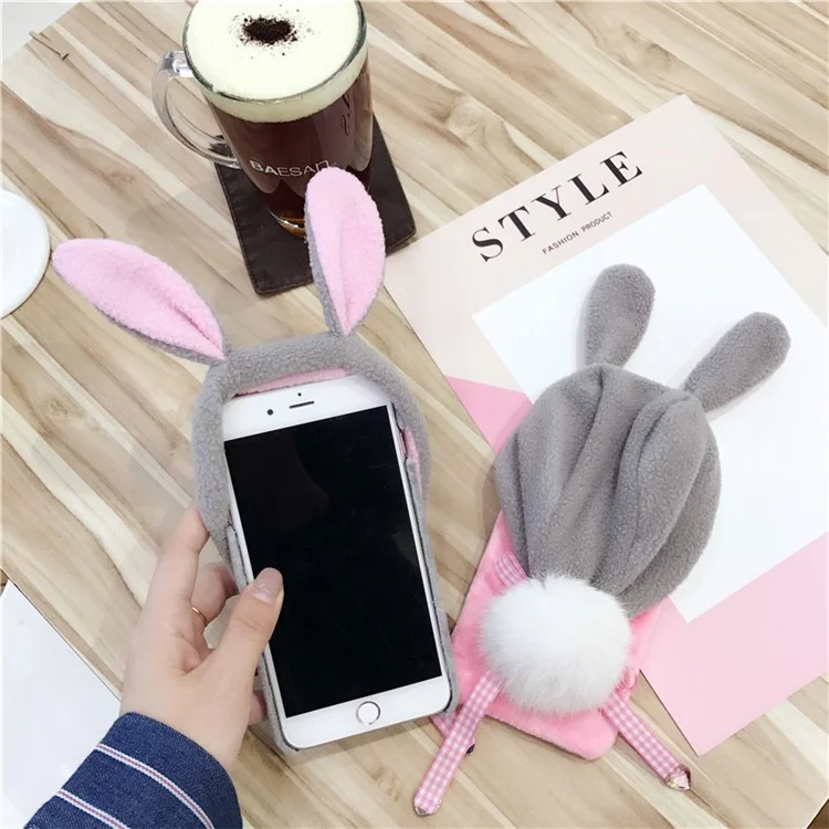 Cute 3D Rabbit Ear Plush Hoodie PC Hard Case for iPhone 6s/6 4.7 with Fluffy Ball Tail