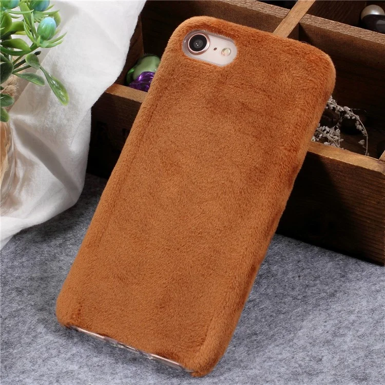 Brown - Fluffy Fur Coated Soft TPU Protector Mobile Case for iPhone 8 / 7 4.7 inch