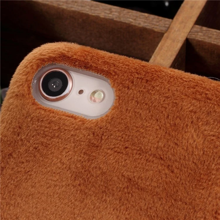Brown - Fluffy Fur Coated Soft TPU Protector Mobile Case for iPhone 8 / 7 4.7 inch