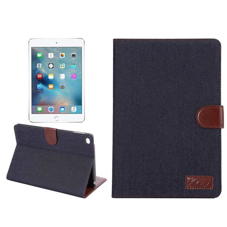 Jeans Cloth Skin Smart Leather Wallet Stand Cover for iPad mini 4 - Black Blue