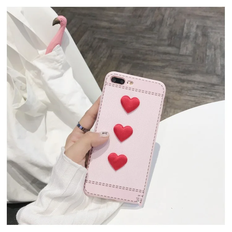 Love Heart Shape Leather Coated Soft Silicone Back Mobile Cover for iPhone 8 Plus/7 Plus - Pink