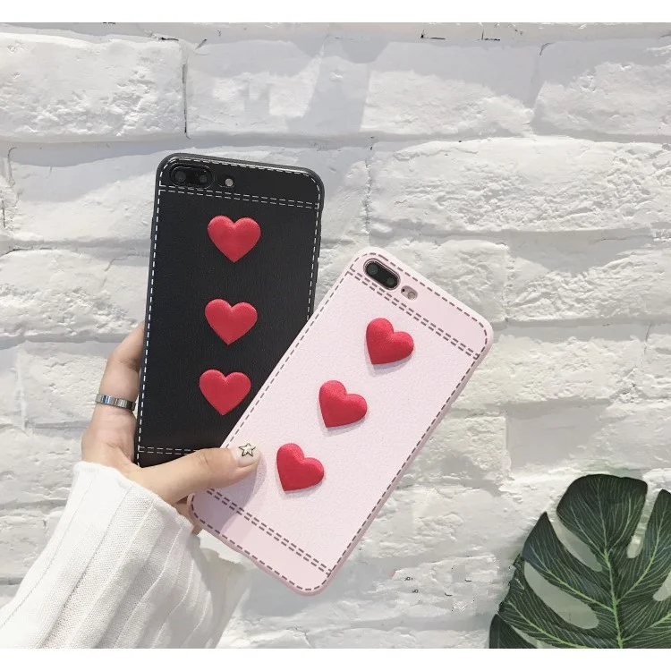 Love Heart Shape Leather Coated Soft Silicone Back Mobile Cover for iPhone 8 Plus/7 Plus - Pink