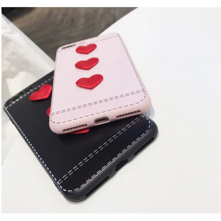 Love Heart Shape Leather Coated Soft Silicone Back Mobile Cover for iPhone 8 Plus/7 Plus - Pink