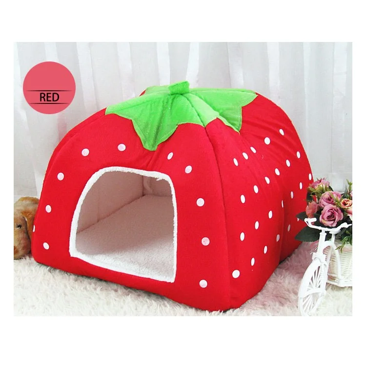 Strawberry Fluff Foldable Dog Bed House, S: 26 X 26 X 28cm - Red
