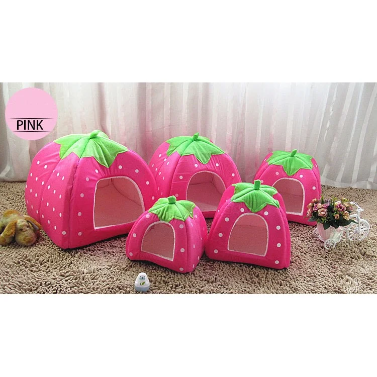 Strawberry Fluff Foldable Dog Bed House, S: 26 X 26 X 28cm - Pink