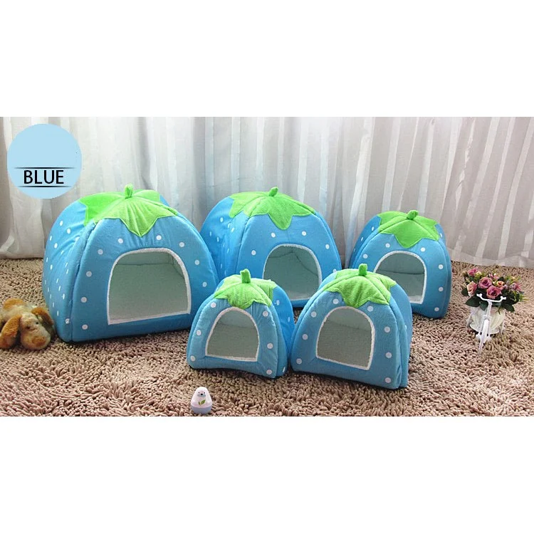Strawberry Fluff Foldable Dog Bed House, XL: 43 x 43 x 45cm - Blue