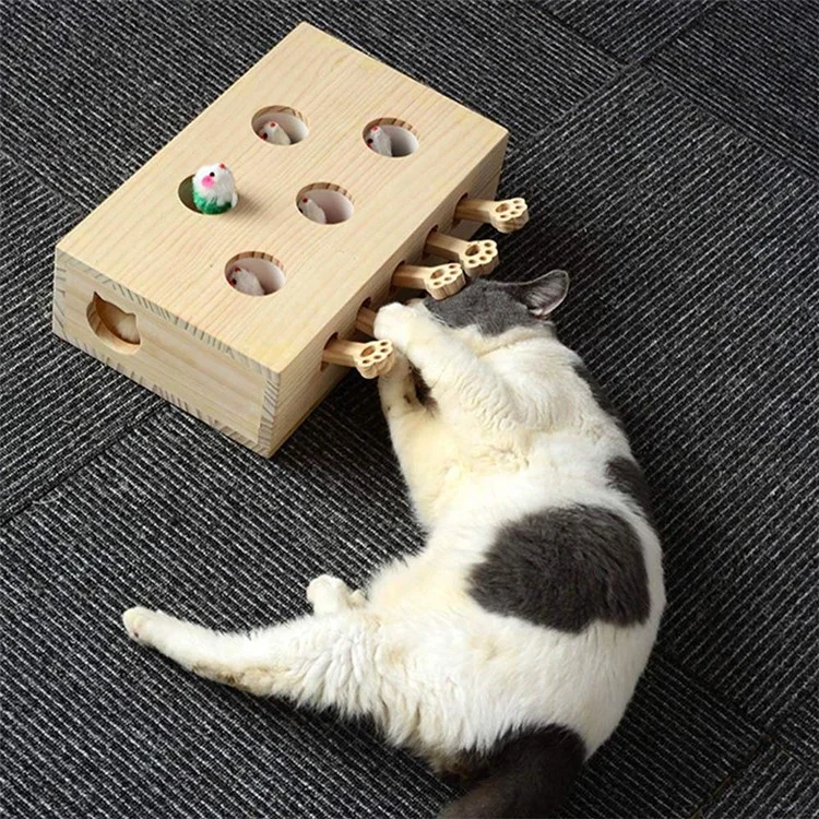 Cat Interactive Toy Cat Funny Hunt Toy Wooden Whack A Mole Mouse Game Puzzle Toy 5 Holes - Mouse