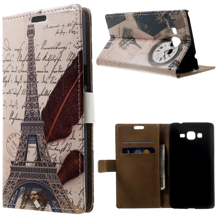 Eiffel Tower & Quill Pen Leather Magnetic Case w/ Stand for Samsung Galaxy Grand Prime SM-G530H